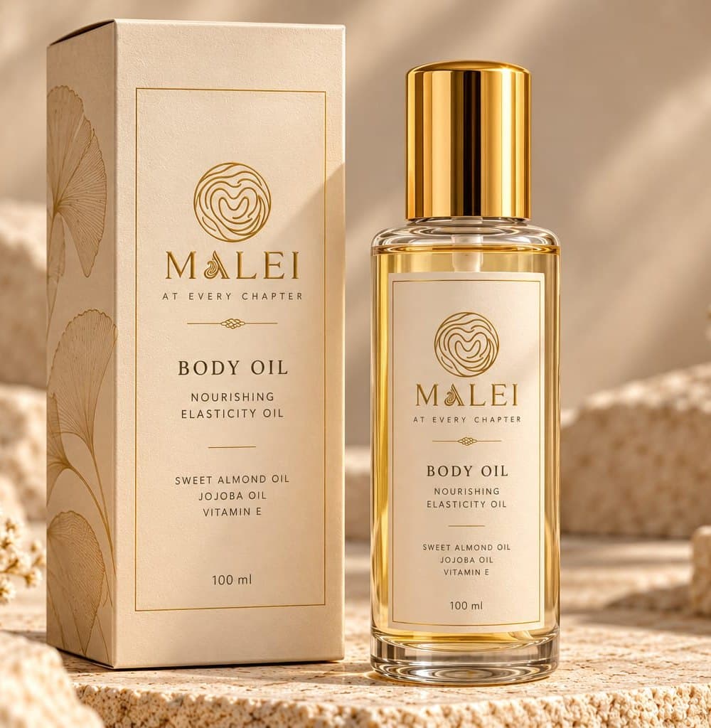 MALEI Body Oil: a clear glass bottle of golden oil with a gold cap, beside its ivory carton.